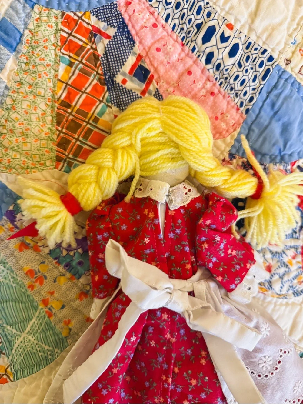 Handcrafted Vintage Yellow-Haired Rag Doll in Red Dress - Kids Toy